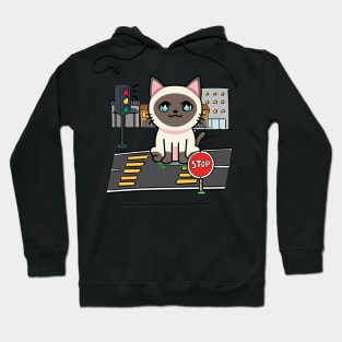 Cute Siamese cat is skate boarding on the street Hoodie